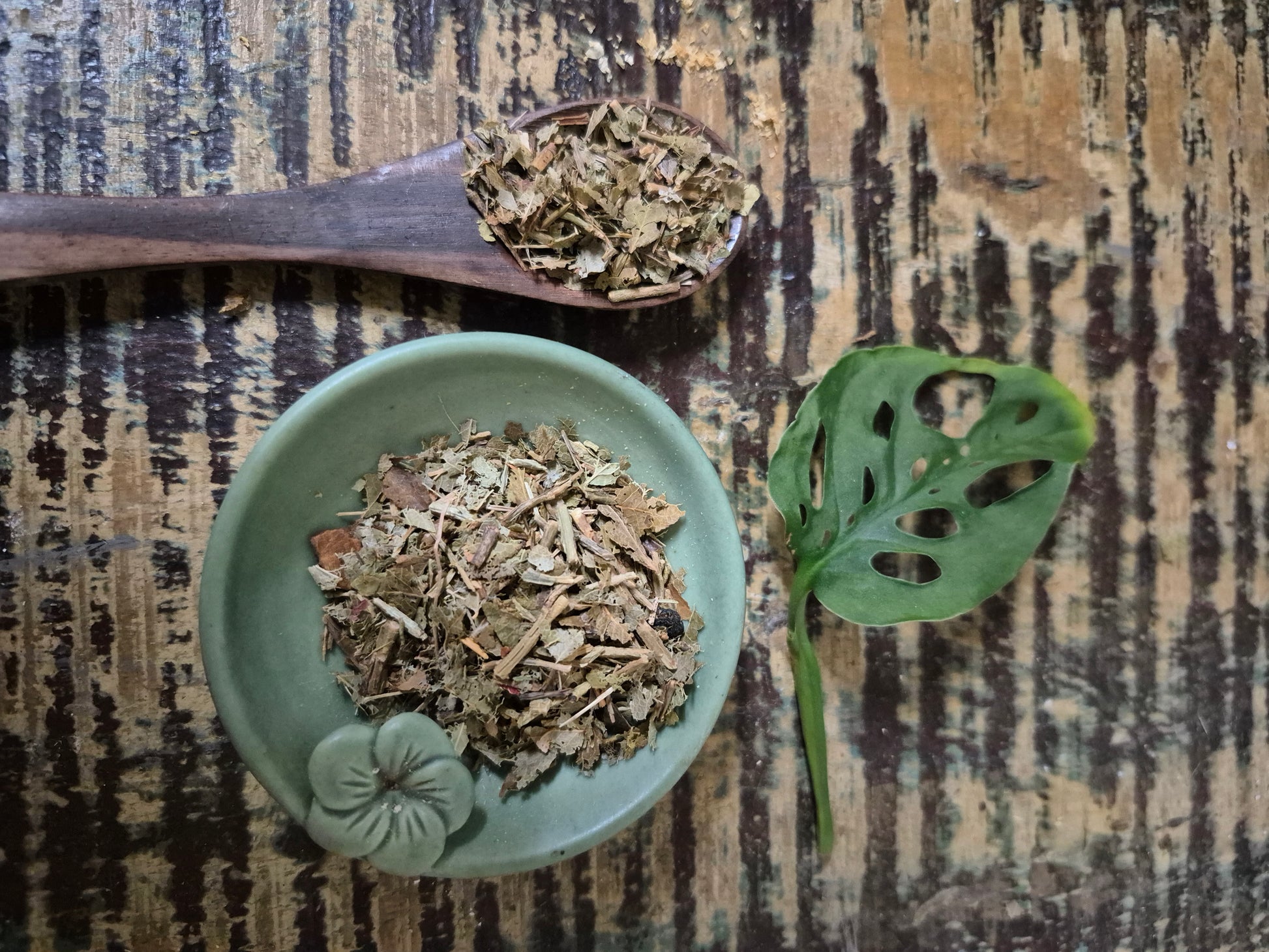 "Close-up of dried Billberry herb on a wooden spoon, with additional herbs in a white ceramic bowl on a rustic wooden surface."